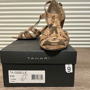 Tahari wooden heel camel crocked sandal